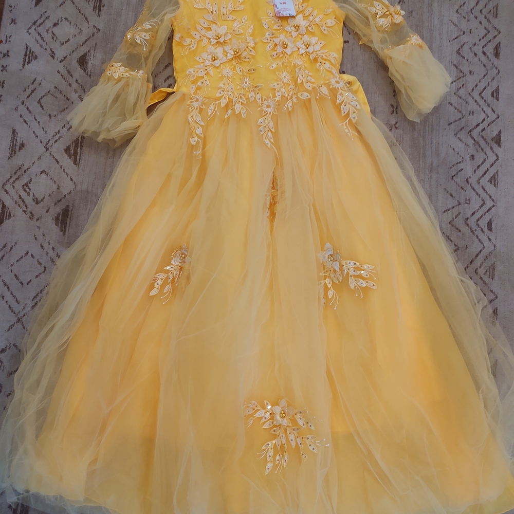 Girls Yellow Floral Embroidered Dress